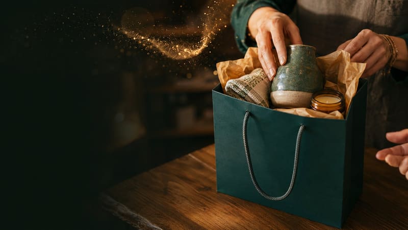 Hands pack a gift bag with handmade pottery, a candle, and cozy knits — the kinds of special finds coming to Trevor's Treasures